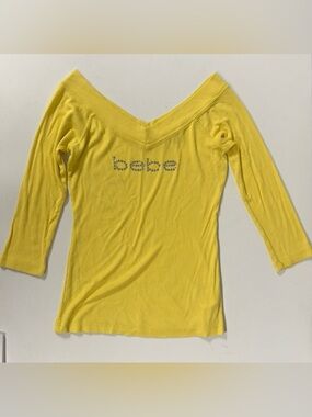 Bebe Y2K Rhinestone Logo 3/4 Sleeve Ribbed Knit Top Off Shoulder Yellow USA L